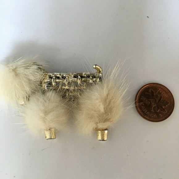 Vintage Poodle Brooch Real Fur Rhinestone Collar & Eye Gold Tone Mid Century 50s - Picture 5 of 5